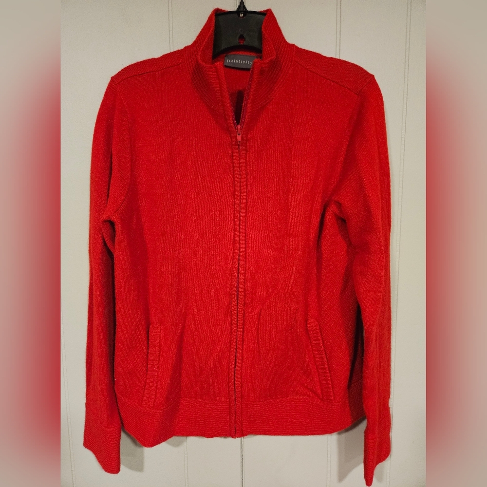 Relativity  Women’s Large Red Acrylic Nylon Full Zip Sweater Jacket Mock Neck